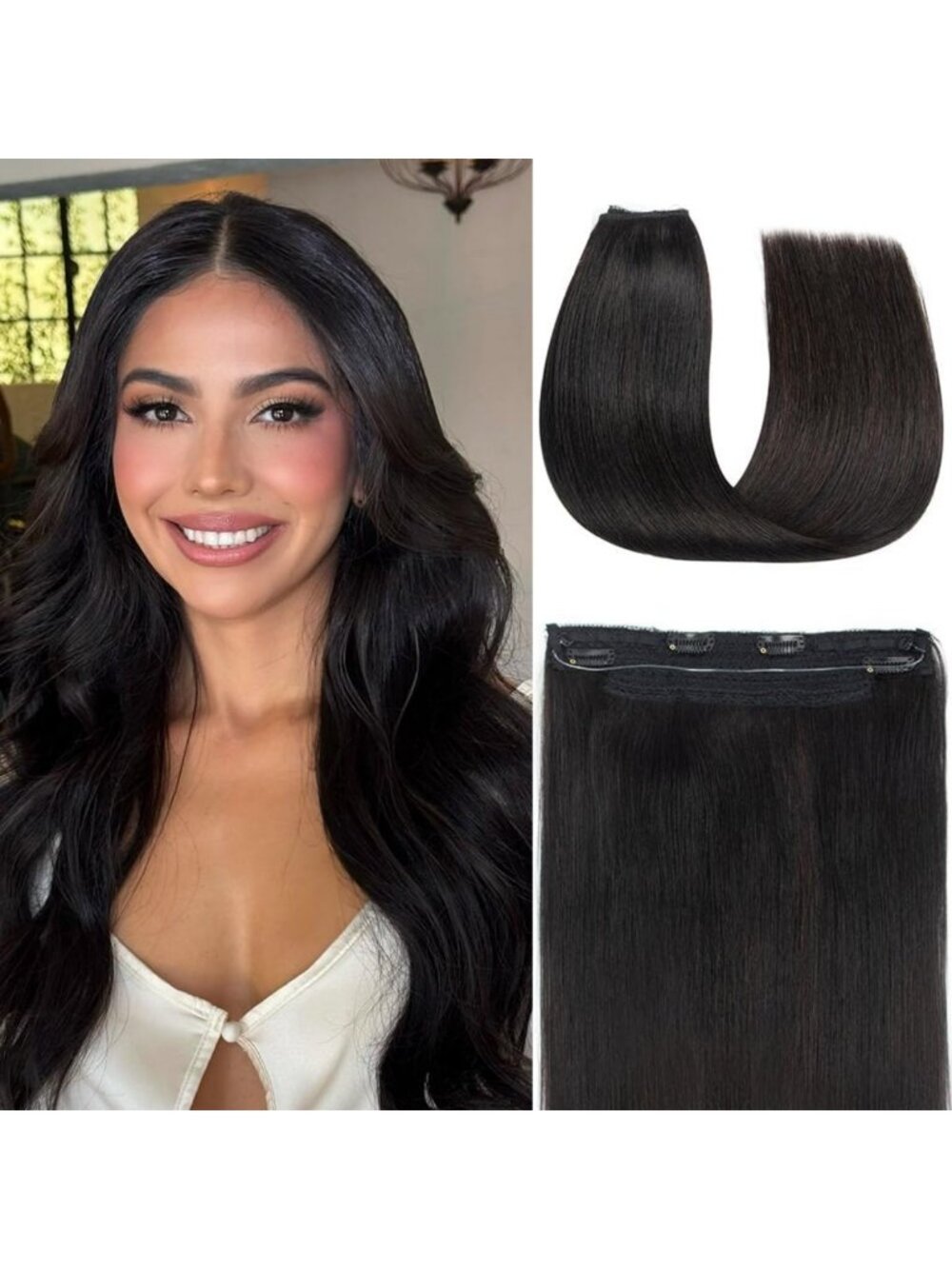 Seamless Halo Hair Extensions 12" 70g Natural Black Real Human Hair with Clips